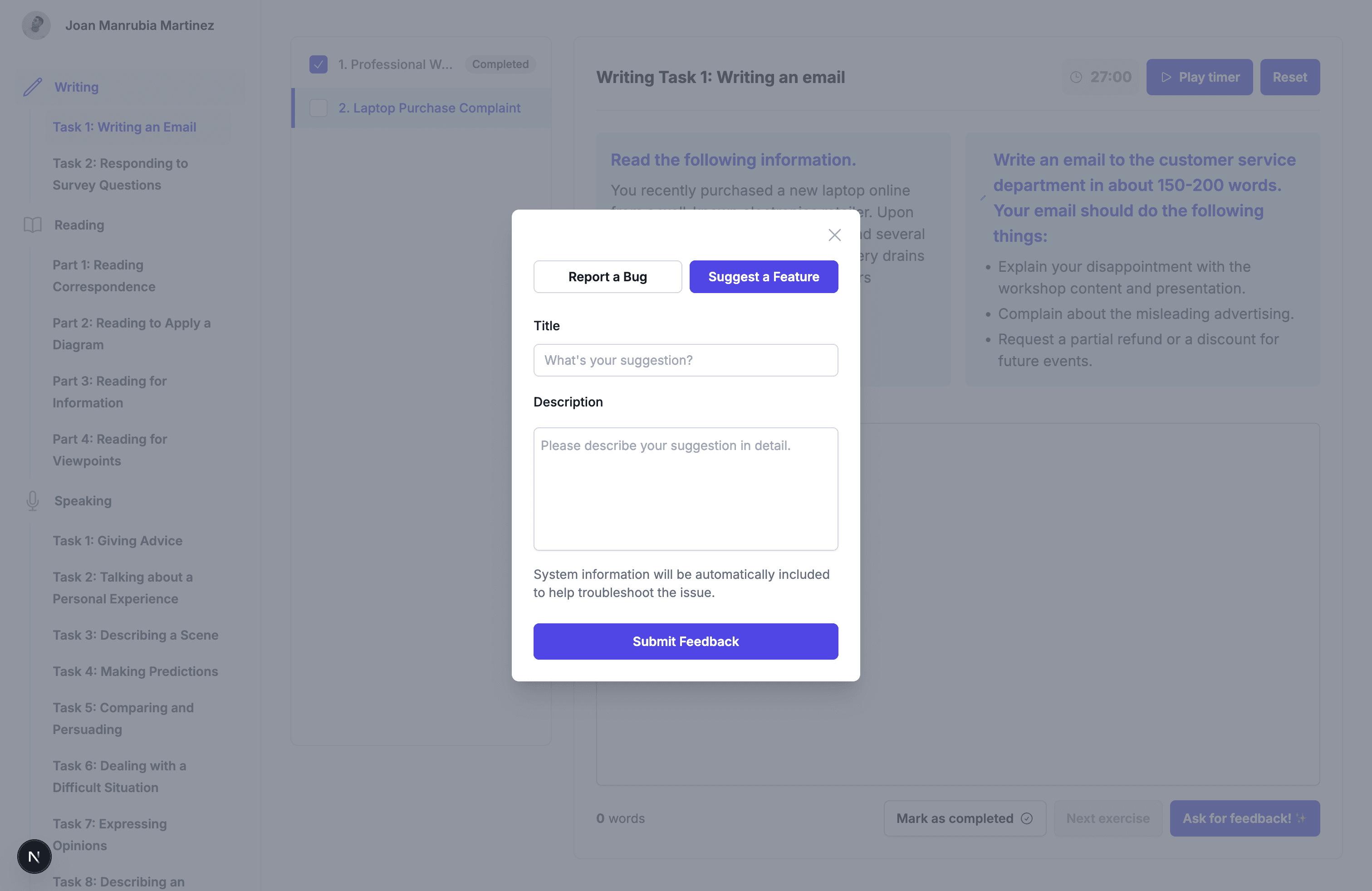 Screenshot of the app while giving feedback