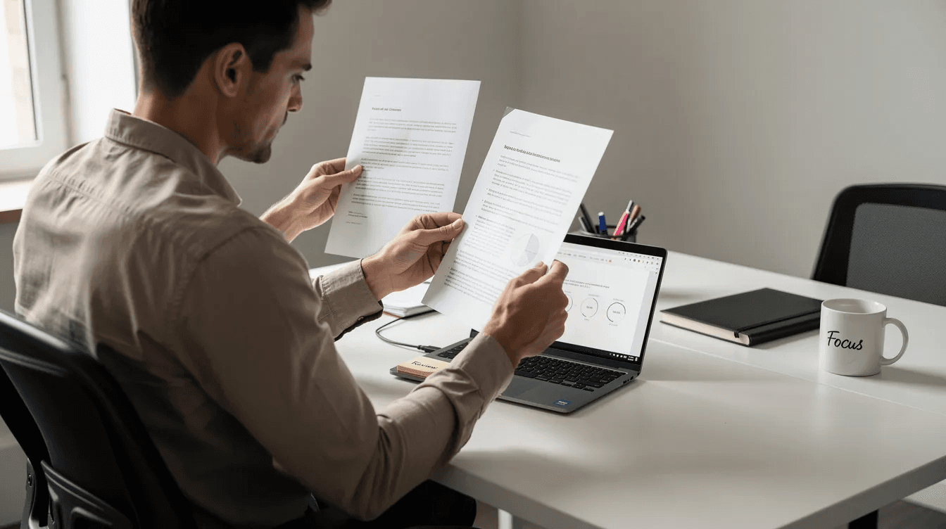 A person is sitting at a desk, comparing two documents side by side while a laptop is open in front of them, likely preparing for the CELPIP test or reviewing practice tests to enhance their English language proficiency for Canadian immigration. The scene depicts a focused study environment, emphasizing the importance of effective preparation for the official CELPIP exam.