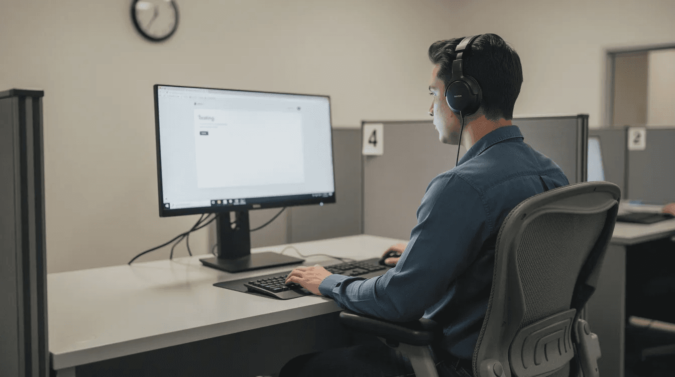 A person wearing headphones is seated at a computer desk in a quiet testing environment, focused on the CELPIP listening test, which involves audio clips and multiple speakers to assess their listening skills. This setting simulates real exam conditions, helping test takers prepare for the CELPIP exam by practicing their ability to understand spoken English in everyday scenarios.