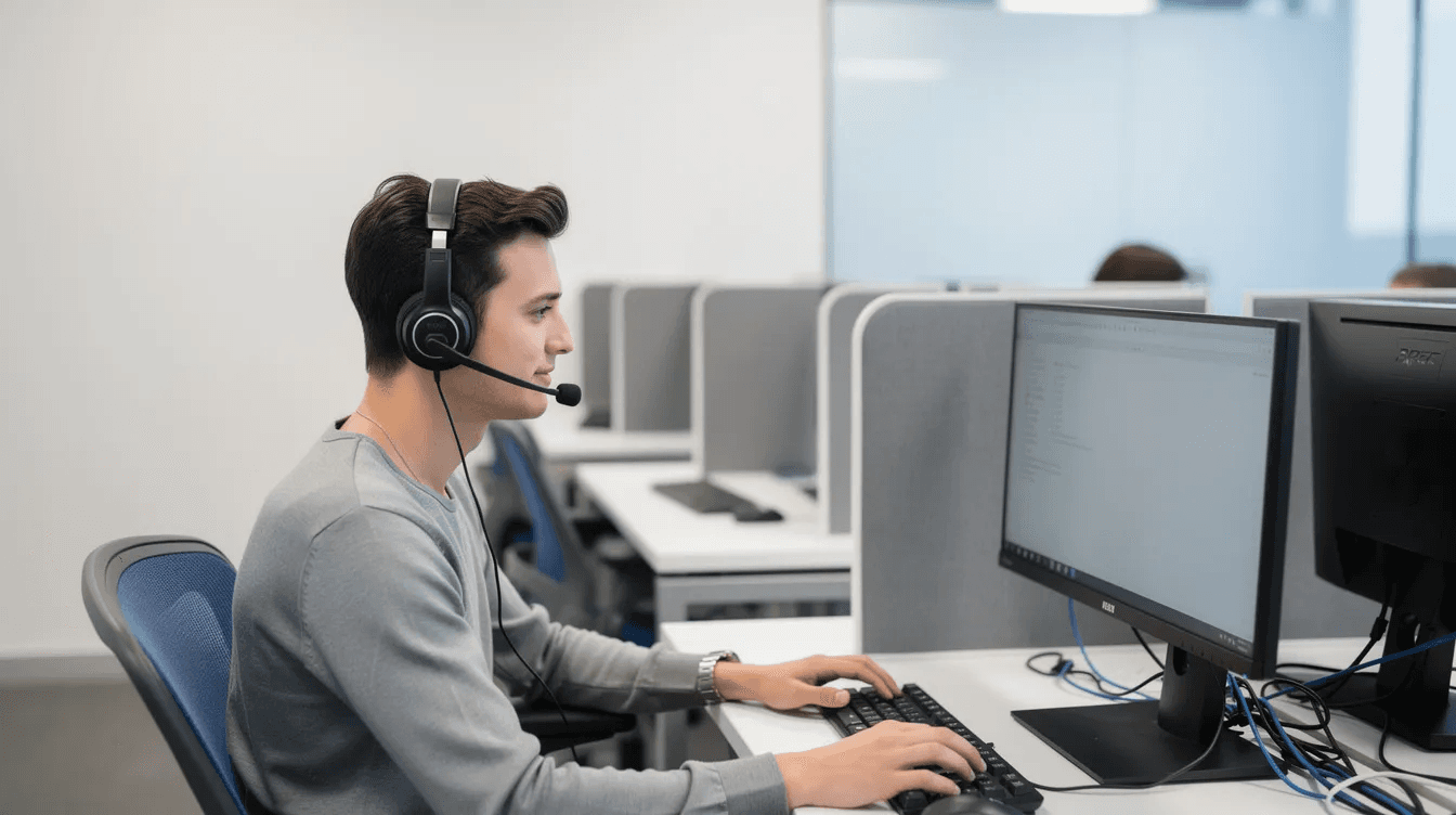 The image features a person sitting at a computer desk, wearing a headset in a modern test centre, possibly preparing for the CELPIP exam. The environment suggests a focus on English language proficiency, where test takers engage with practice tests and mock tests to prepare effectively for their official test day.