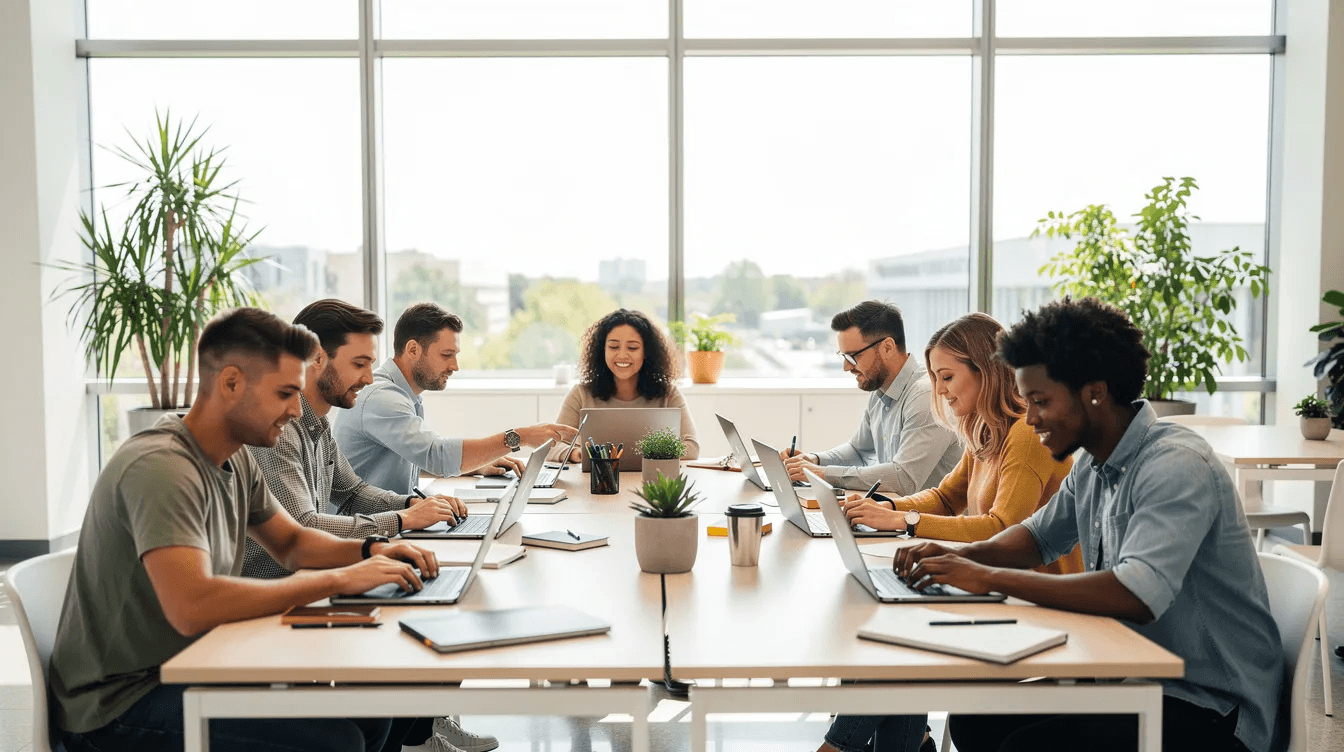 A diverse group of students is gathered in a bright, modern study space, each focused on their laptops as they prepare for their CELPIP exam. This collaborative environment fosters confidence and community, essential for achieving language proficiency and success in test preparation.