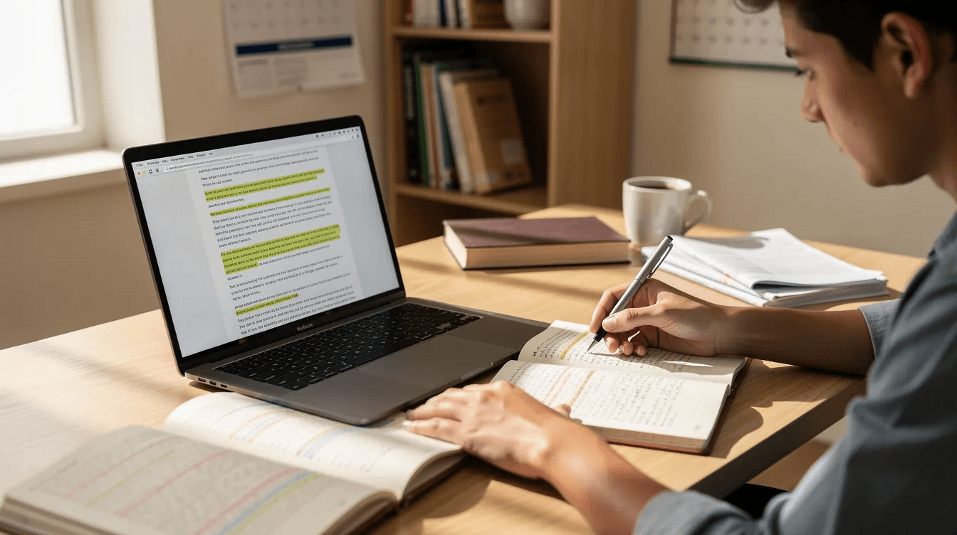 The image shows a student focused on reviewing study materials, with an open laptop and several notebooks spread across a desk. This scene captures the essence of preparing for the CELPIP test, highlighting the importance of study plans and practice tests for achieving a higher score in the language proficiency exam.