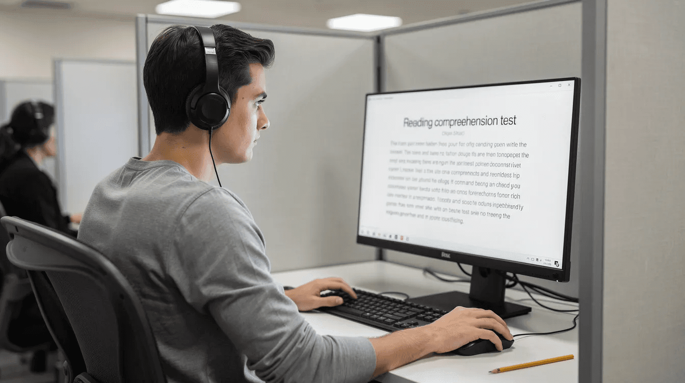 The image shows a focused individual sitting at a computer in a testing environment, engaged with the text on the screen, likely preparing for the CELPIP test. This setting reflects the seriousness of test takers as they navigate the components of the CELPIP exam, aiming for their target score in language proficiency.