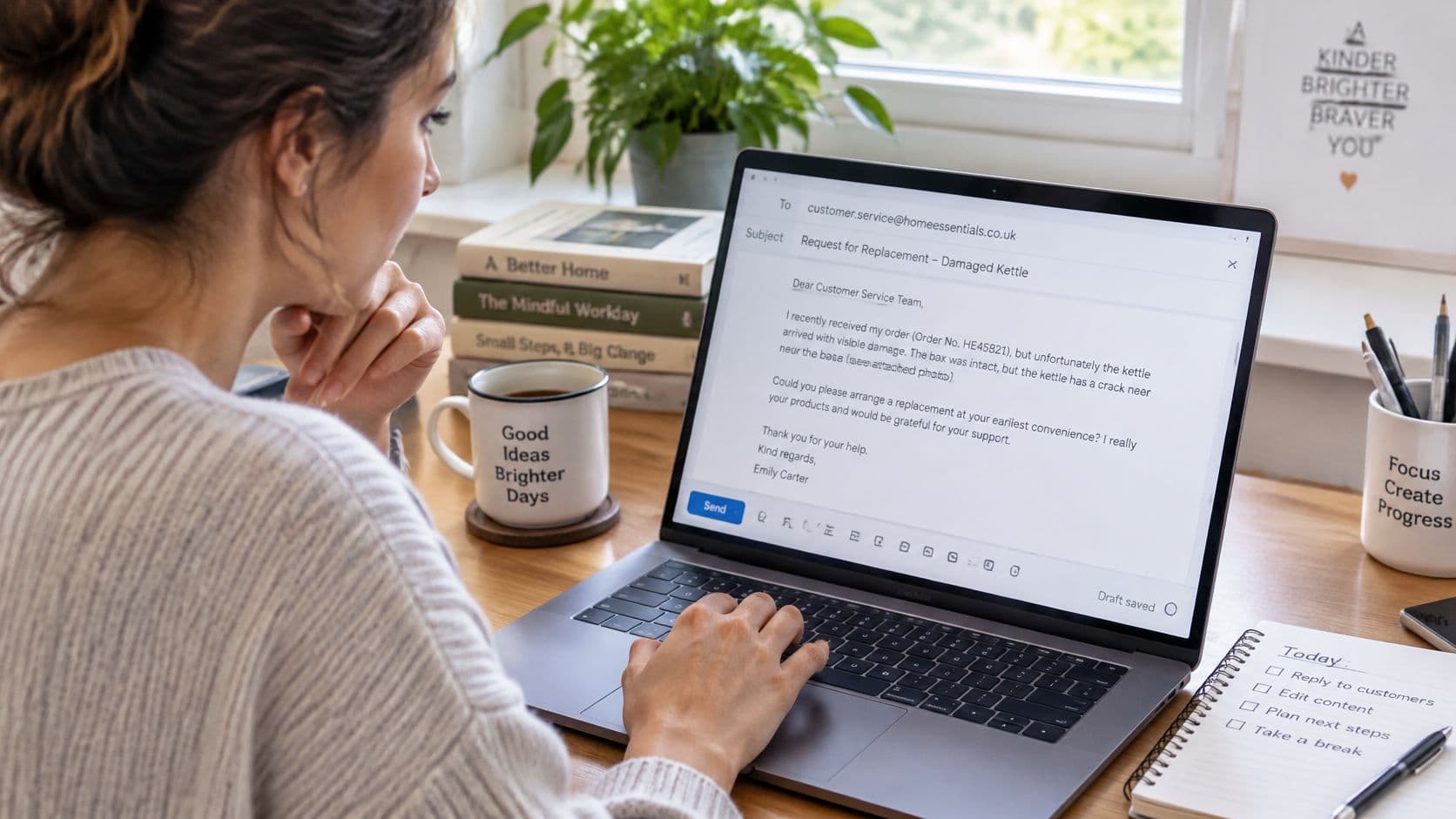 A young woman working on a laptop, typing a customer service email regarding a damaged kettle order.