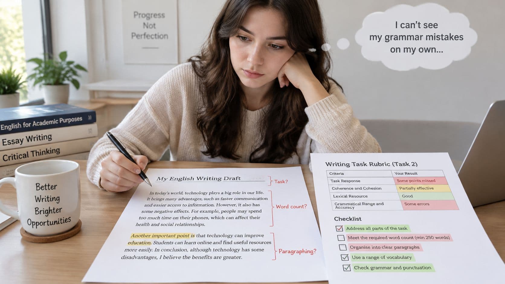 A student reviewing her English essay draft while checking a rubric and writing checklist at her desk.